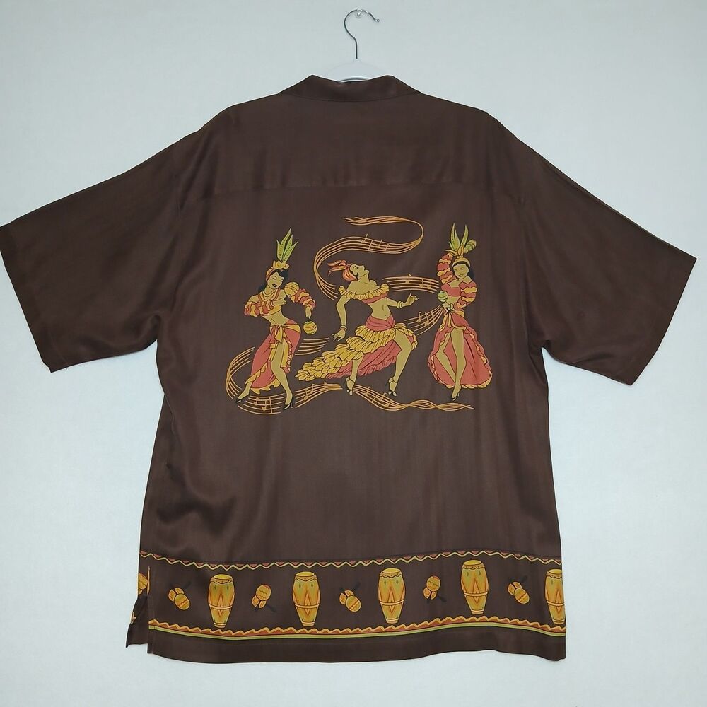Tommy Bahama Brown SILK CAMP SHIRT L Cuban Dancers Maracas Drums Music #979